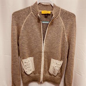 ST JOHN Zippered Knit Jacket w/Leather Pockets & Trim, Sz M,Tan/Beige,   PEM22